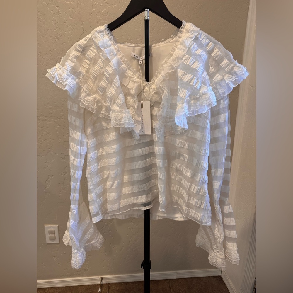 Endless Rose White Sheer Stripe Ruffle Coquette Blouse